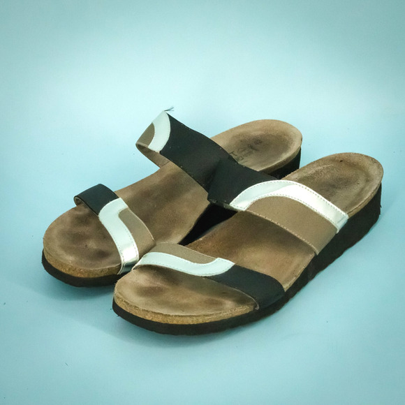 Naot 42 Size 11-11.5 Frankie Black Tan Silver Metallic Leather Slip On Sandals - Picture 1 of 6